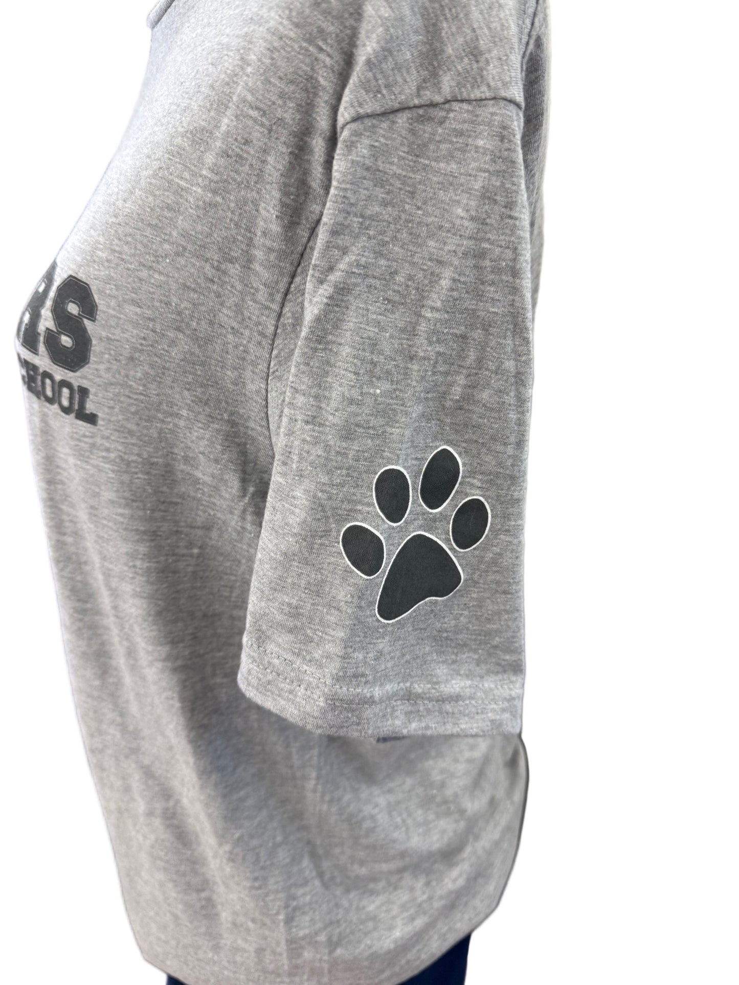 Gray sweatshirt with a paw print design on a white background